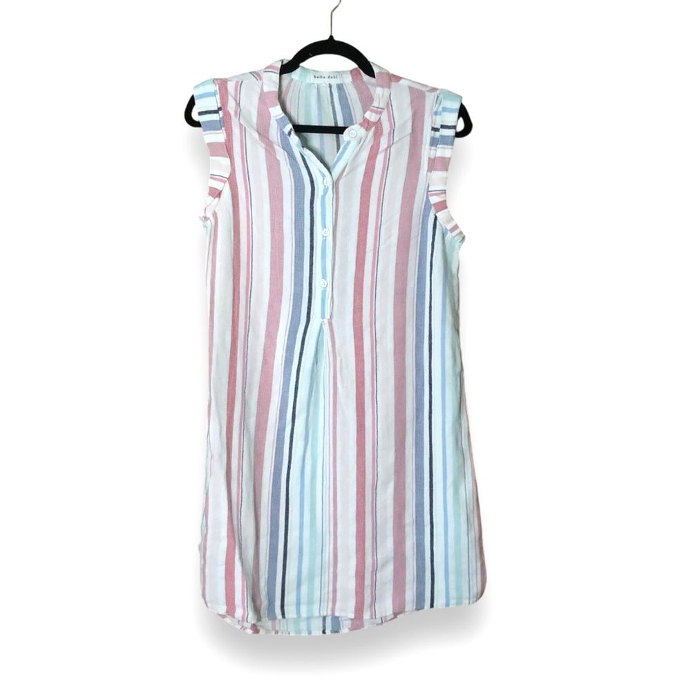 Bella Dahl Florence Stripe Cap Sleeve Pleat Front Mini Dress Size Small Coastal